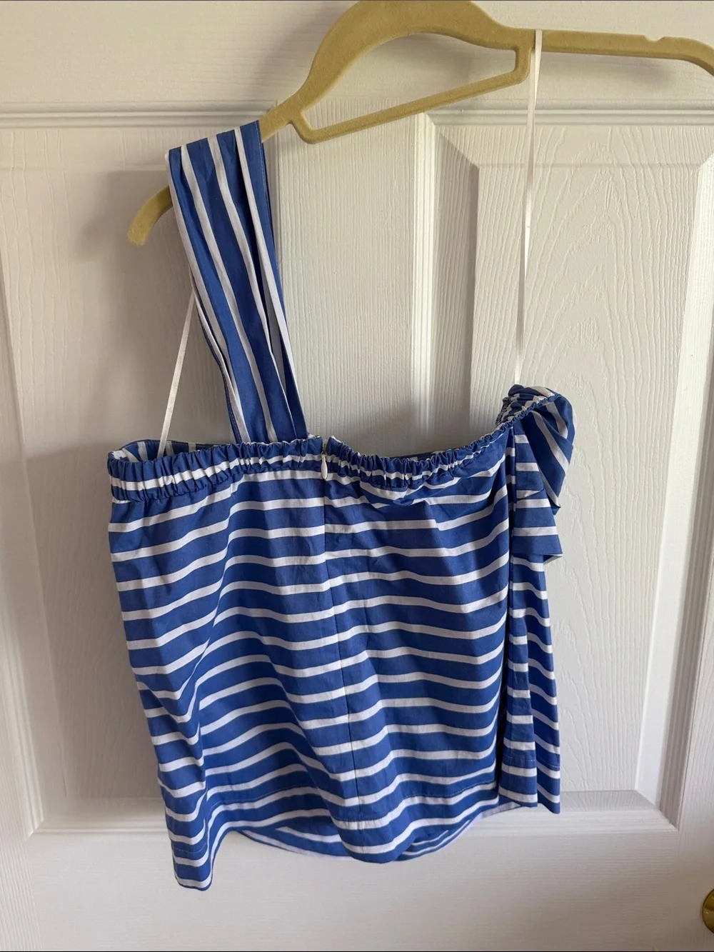 J Crew blue & white one shoulder blouse